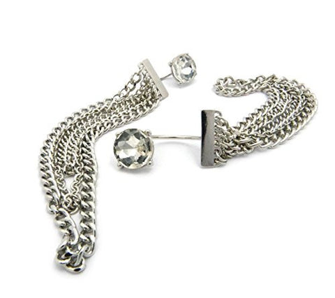 Clear Stone Stud Draping Chain Drop Earrings in Silver-Tone