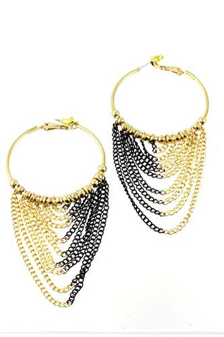 Chandelier Chain Dangle 1.60" Hoop Earrings Black/Gold-Tone