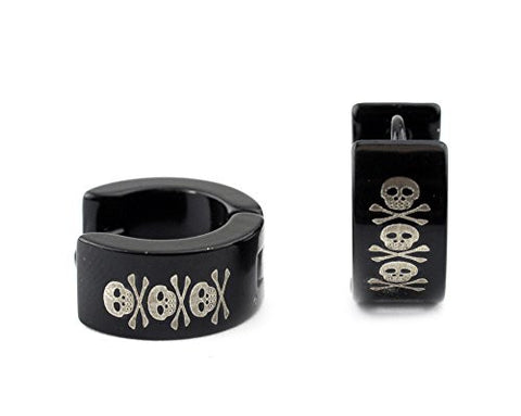 Triple Skull Print Stainless Steel Mini Hoop Earrings in Black SSE6BK