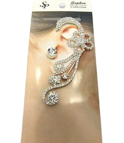 Filigree Flower Design Rhinestone Pave Ear Cuff with Stud Earring - Silver-Tone