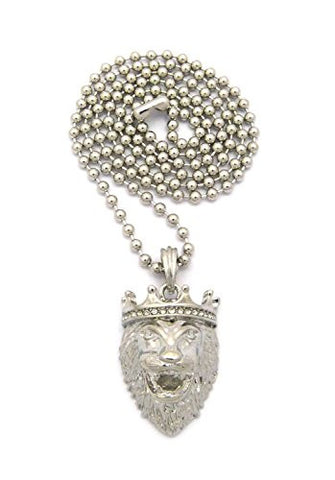 Stone Stud Crown King Lion Head Pendant w/ 3mm 27" Ball Chain Necklace in Silver-Tone