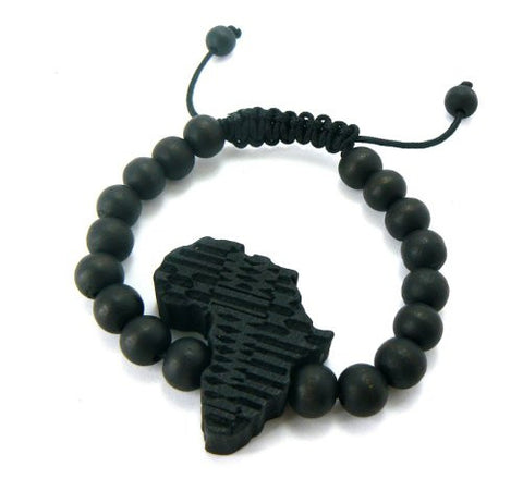 Tribal Pattern Africa Wood Pendant Wooden Bead Bracelet in Black-Tone WB2BK