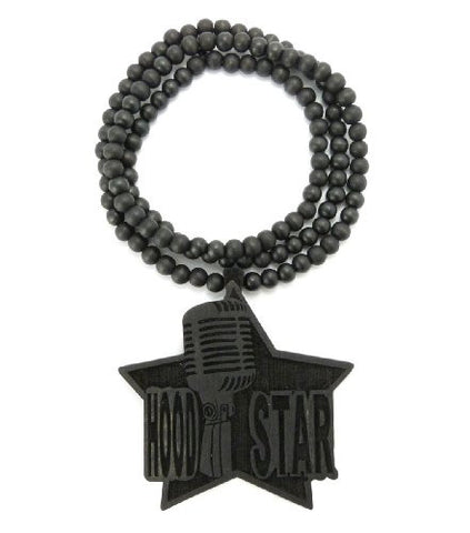 Hood Star Wood Pendant 36" Wooden Bead Chain Hip Hop Necklace in Black-Tone WJ182BK