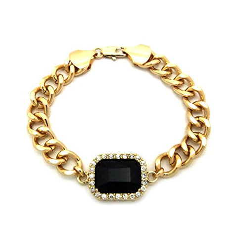 Rappers Micro Faux Onyx Stone 8.5" Link Chain Bracelet in Gold-Tone