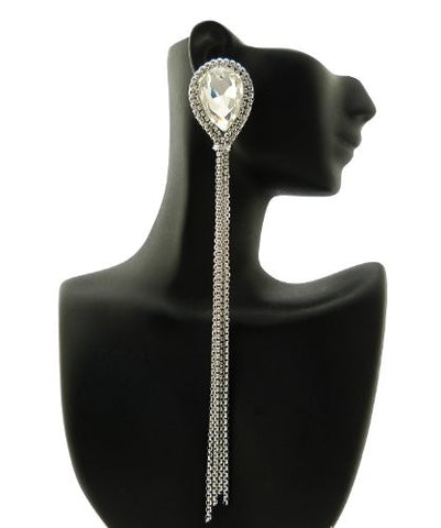 Dangling Chain Wrap Pear Cut Clear Stone 7" Long Drop Earrings in Silver-Tone