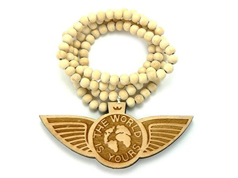 The World is Yours Globe Wing Wood Pendant 8mm 36" Wooden Bead Chain Necklace in Natural-Tone