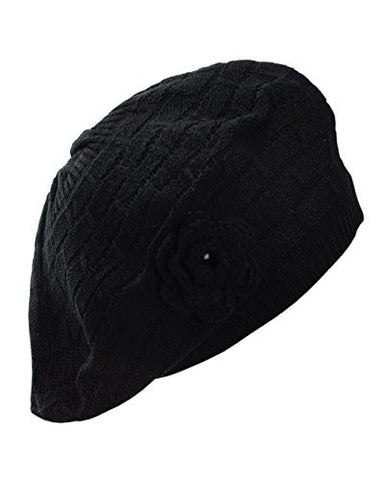 NYfashion101 Warm Knit Black Beret w/ Knitted Flower Accent