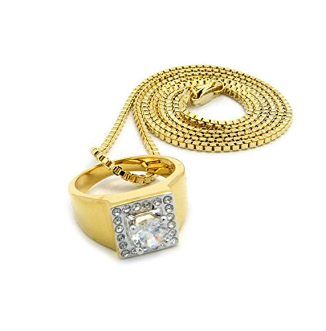 Cubic Zirconia Wedding Ring Necklace with 2mm 30" Box Chain - Gold-Tone