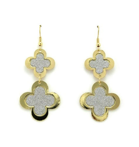 Shimmer Good Luck 4 Leaf Clover Design Drop Earrings in Silver/Gold-Tone