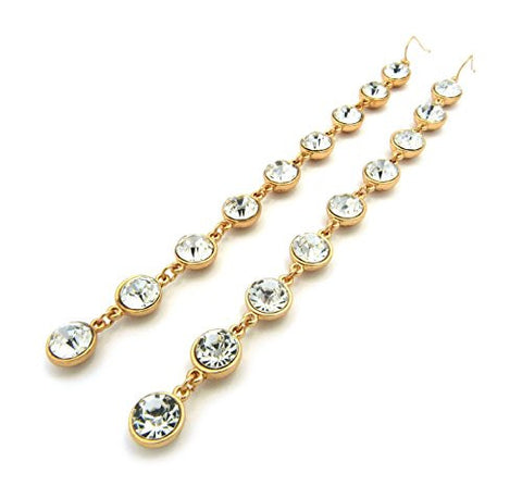 Very Long Clear Round Cut Rhinestone Stud Link Drop Earrings in Gold-Tone