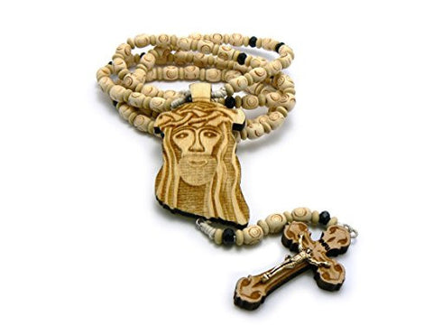 Jesus Face and Crucifix Cross Pendant Wood Rosary Necklace in Natural/Gold-Tone