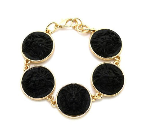 Matte Finish Sculpted Lion Head Charm Chain Bracelet in Gold-Tone HYBR-6G