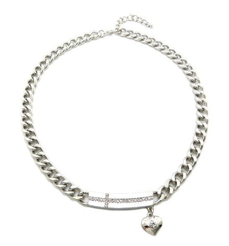 Curved Cross ID Pendant with Heart Charm 9mm 16" Link Chain Necklace in Silver-Tone