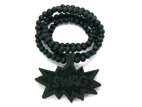 Swag Bomb Wood Pendant 36" Wooden Bead Chain Hip Hop Necklace in Black-Tone WJ127BK