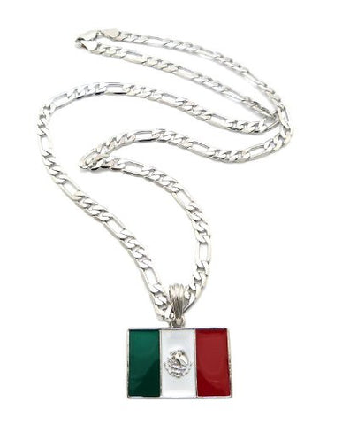 Mexico Flag Pendant with 5mm 24" Figaro Chain Necklace - Silver-Tone