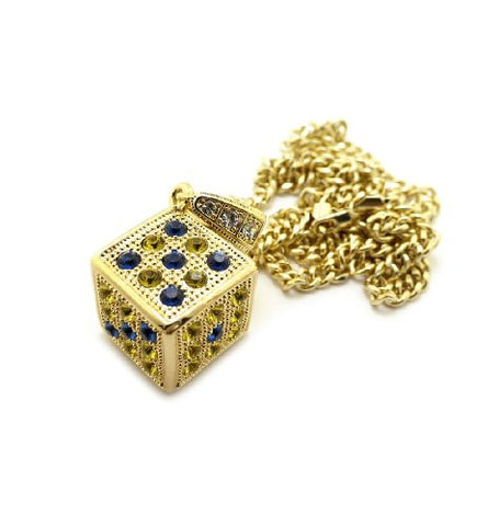 Rhinestone Dice Cube Pendant in Gold Tone w/ 36" Cuban Chain CP94GBLYL