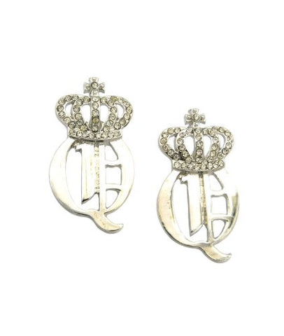 Rhinestone Crown Q Queen Stud Earrings in Silver-Tone