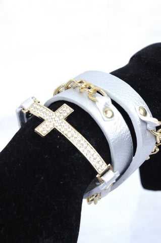 New Silver/Gold Tone Rhinestone Cross Charm Chain/Leather Bracelet SJB1287SV