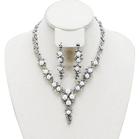 Floral Vine Design Rhinestone Pearl Evening Necklace and Earrings Jewelry Set in Silver-Tone