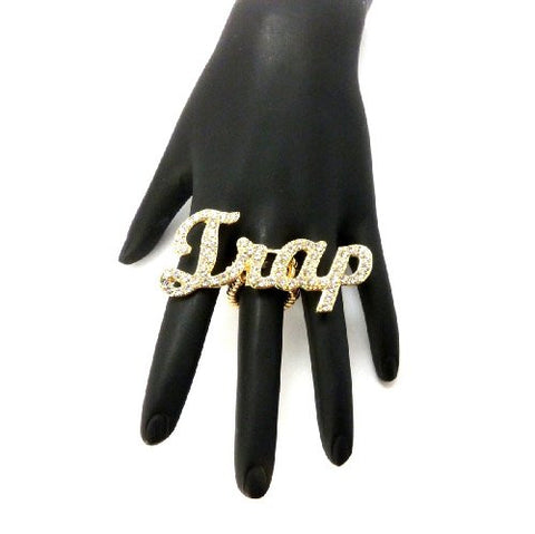 Clear Rhinestone Trap Charm Stretch Ring in Gold-Tone