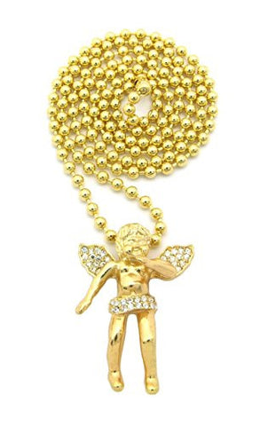 Micro Cherub Angel Rhinestone Pendant w/ 27" Ball Chain - Gold Tone MMP53G