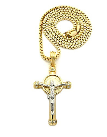 Gold Two-Tone Celtic Cross Pendant 2mm 24" Box Chain Necklace