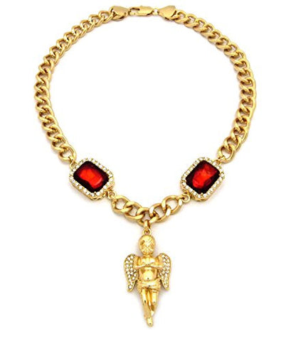 Micro Rhinestone Praying Angel Faux Ruby Stone 10mm 18" Link Chain Necklace in Gold-Tone