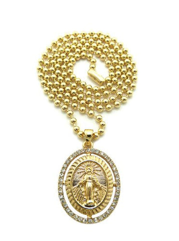 Saint Mary Halo Paved Oval Micro Pendant 27" Ball Chain Necklace in Gold-Tone MMP21G