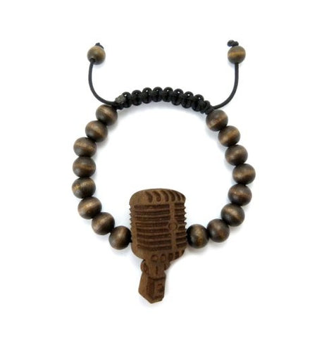 Classic Microphone Wood Pendant Wooden Bead Chain Bracelet in Brown-Tone WB24BRN