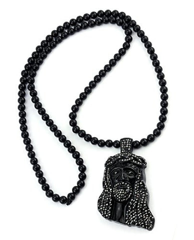 Rhinestone Jesus Pendant w/ 6mm 36" Bead Chain - Black/Hematite GA3BKHE
