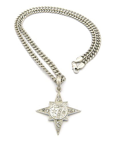 Stone Studded 5 Percenter Star Pendant with 24" Cuban Link Chain Necklace in Silver-Tone XSP410RCC