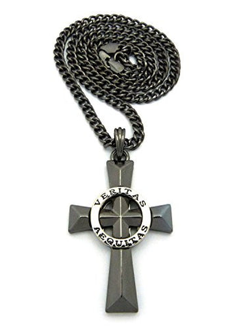 Polished Silver-Tone Veritas Aequitas Pendant 5mm 24" Cuban Chain Necklace in Hematite-Tone