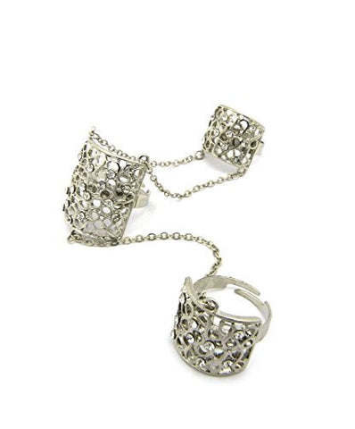 Women's Stone Studded Filigree Slave Chain Link Finger Rings in Silver-Tone