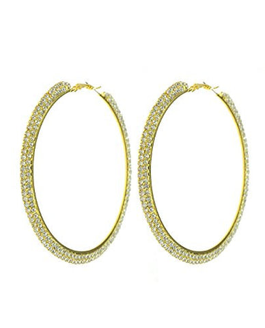 Dual Rhinestone Row 76mm Large Fashion Hoop Earrings in Gold-Tone