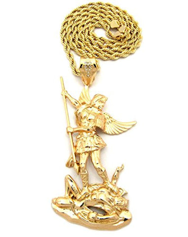 The Archangel Michael Pendant 5mm 30" Rope Chain Necklace in Gold-Tone