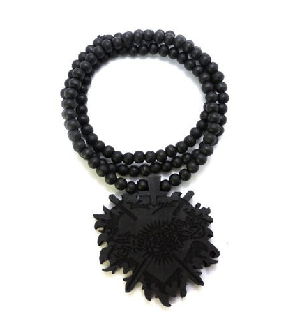 Cross Sword Flame Heart Wood Pendant 36" Wooden Bead Chain Necklace in Black-Tone WJ188BK