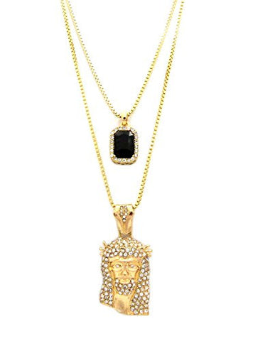 Pave Faux Onyx Stone & Iced Out Jesus Face Pendant Set 2mm 24" & 30" Box Chains in Gold-Tone