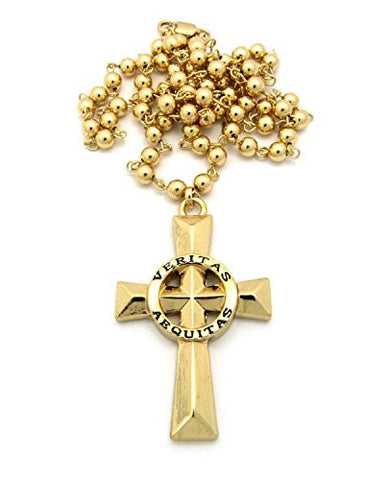 Veritas Aequitas (Truth & Justice) Cross Pendant 6mm 30" Bead Link Chain Necklace in Gold-Tone
