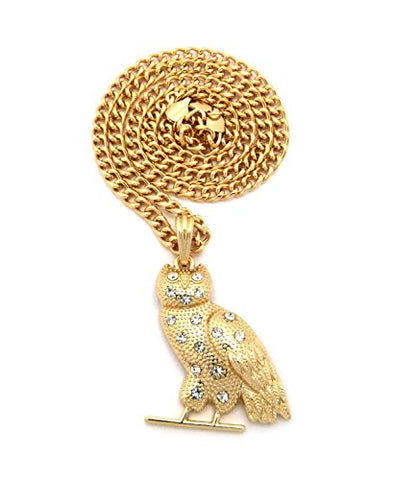 Rhinestone Studded Owl Pendant w/ 5mm 24" Cuban Chain Necklace in Gold-Tone