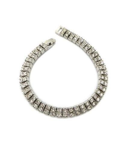 Iced Out 2 Row Rhinestone Bracelet 8.25" with Metal Clasp - Silver-Tone