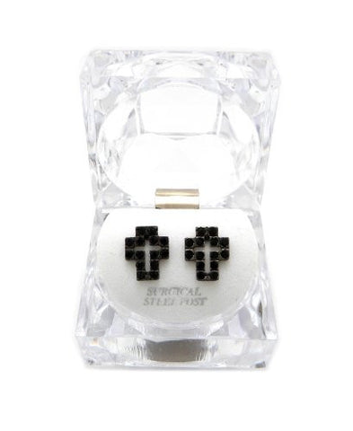 Rhinestone Cross Surgical Steel Stud Earrings in Black/Hematite-Tone