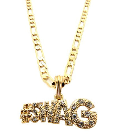 Iced Out #SWAG Micro Pendant w/ 24" Figaro Chain in Gold Tone MSP281G