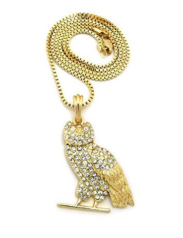 Rhinestone Studded Resting Owl Pendant 2mm 24" Box Chain Necklace in Gold-Tone