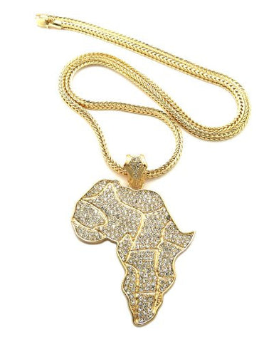 Iced Out Africa Continent Pendant 4mm 36" Franco Chain Necklace in Gold-Tone