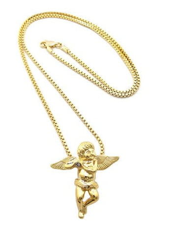 Gold Tone Fluit Playing Angel Cherub Micro Pendant 2mm 30" Box Chain MMP1GBX