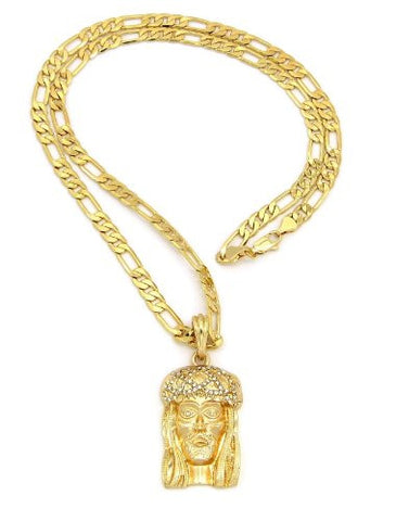 Gold Tone Crown of Thorns Jesus Pendant w/ 5mm 24" Figaro Chain MSP156G