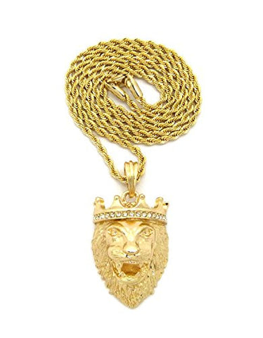 Stone Stud Crown King Lion Head Pendant w/ 2mm 24" Rope Chain Necklace in Gold-Tone