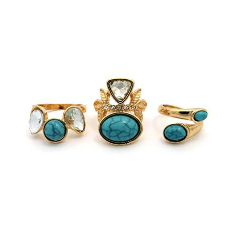 3 Piece Turquoise Marble & Clear Stone Stud Midi Ring Set