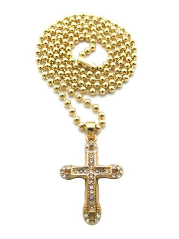 Single Row Pave Round Edge Cross Micro Pendant 3mm 27" Ball Chain Necklace in Gold-Tone