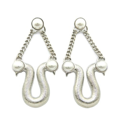 Pearl Stud Swan Design Drop Earrings in White/Silver-Tone